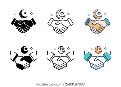 A symbolic Eid handshake icon set in glyph line and color styles representing friendship unity and Eid celebration