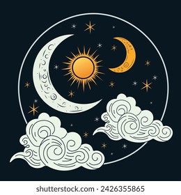 Symbolic esoteric tarot illustration with golden sun, moon, clouds on starry sky. Tarot theme. For tarot cards, postcards, posters.
