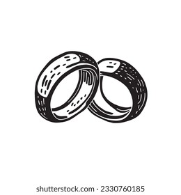 Simbólico y eterno, este doodle blanco y negro presenta dos anillos de boda, entrelazados en un interminable vínculo de amor y compromiso. Elegante ilustración vectorial.