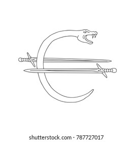 Symbolic Euro Sign with Two Swords and Snake. Creative Conceptual Line Art Vector Sketch Illustration. Logo Emblem Graphic Design Element. Hand Drawn Style.