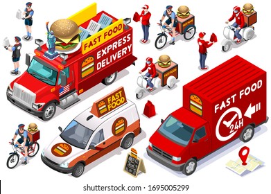 Symbolic fast food delivery symbol. Abstract delivery concepts, man delivering foods burger and pizza, deliver concept. Flat cartoon vector illustration. Cheeseburger express shipping, graphic design