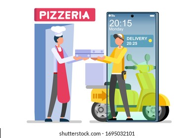 Symbolic fast food delivery symbol. Abstract delivery concepts, man delivering foods burger and pizza, deliver concept. Flat cartoon vector illustration. Cheeseburger express shipping, graphic design