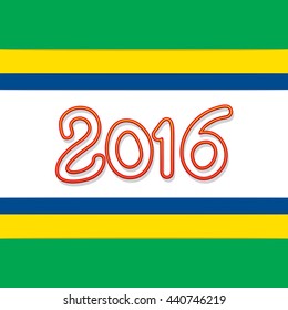 Symbolic Fiery Outline Figures 2016 with Colored Stripes Composition Devoted to Summer Sport Life - Green Yellow Blue Orange and Red Elements on White Background - Flat Design and Gradient Style