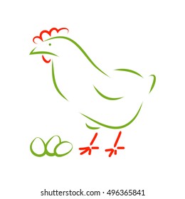 The symbolic figure of chicken and eggs. A drawing of a hen of green lines on a white 
background