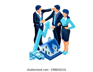 Symbolic Finance Icons. Invesor Characters, People Invest on Rental Real Estate Ownership as Management of Personal Financial Plan for Budget Growing. Flat Cartoon Vector Illustration.