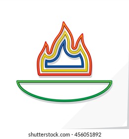 Symbolic Fire Made with Colored Flame Shapes in Cauldron - Red Green Yellow Blue and Orange Outlines on White Natural Paper Background - Flat Design and Gradient Style