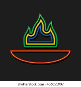 Symbolic Fire Made with Colored Flame Shapes in Cauldron - Green Yellow Blue Orange and Red Outlines on Black Background - Flat Design and Gradient Style