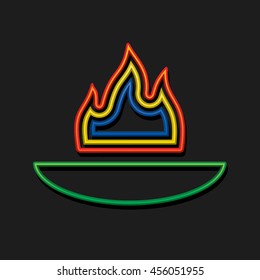 Symbolic Fire Made with Colored Flame Shapes in Cauldron - Red Green Yellow Blue and Orange Outlines on Black Background - Flat Design and Gradient Style