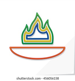 Symbolic Fire Made with Colored Flame Shapes in Cauldron - Green Yellow Blue Orange and Red Outlines on White Natural Paper Background - Flat Design and Gradient Style