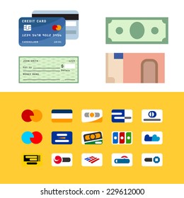 Symbolic geometric stylization of payment methods, credit card, dollar and euro banknotes