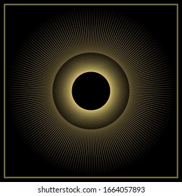 Symbolic Golden circle in a square frame. Elegant glitter on a black background. Vector logo or icon.