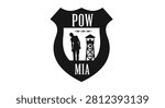 A symbolic graphic shield design featuring a prisoner silhouette and a watchtower representing prisoners of war and missing in action personnel