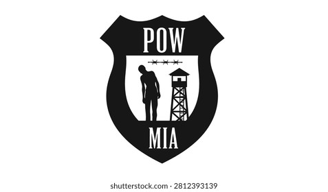 A symbolic graphic shield design featuring a prisoner silhouette and a watchtower representing prisoners of war and missing in action personnel