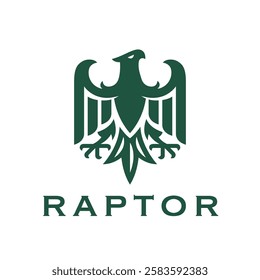 Symbolic green eagle logo incorporating heraldry features, showcasing strength and authority. Versatile design suitable for corporate branding, professional identities, or prestigious emblems.