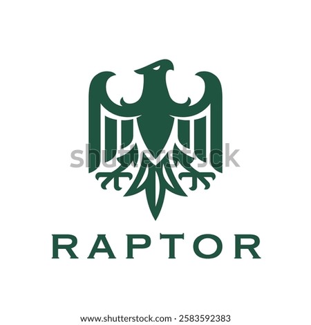 Symbolic green eagle logo incorporating heraldry features, showcasing strength and authority. Versatile design suitable for corporate branding, professional identities, or prestigious emblems.