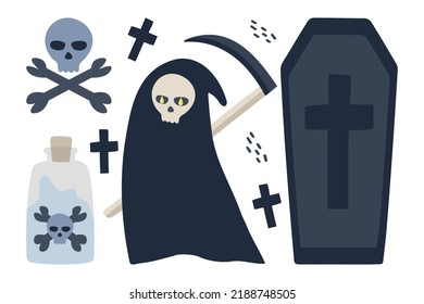 Symbolic Grim Reaper, simple flat cartoon death symbol.