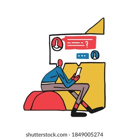 Symbolic Guy SMS mit seinem Smartphone mit abstrakten Formen. Textnachrichten-Kommunikation um ihn herum. Zwei digitale Leute SMS. Vektorgrafik einzeln auf Weiß