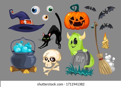 Symbolic halloween holiday scary objects set vector illustration. Black cat, pumpkin, candle, rip, skull, hat, bat, eyeball, pot and broom cartoon design. Mystery and All Saints Day concept