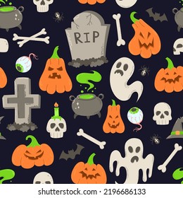 Symbolic halloween holiday scary objects seamless pattern. Pumpkins, ghosts, skulls, bones, cauldron, tombstones, bat, spider, eyeball, potion, hat, candle