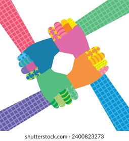 Symbolic hands holiding each other tight. Multicolored. Isolated. Vector illusttration.