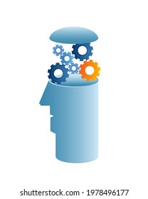 A symbolic head with a mechanisms inside. Vector illustration on the theme of developing an idea.
