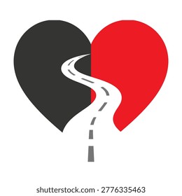A symbolic heart icon split into black and red halves by a winding highway road. This minimalist concept represents emotional journeys, relationship paths, and choices.
