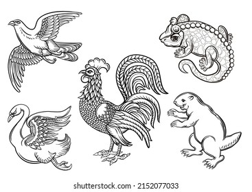 Symbolic heraldic animals and birds. Set off eagle, beaver, rooster, swan and salamander.Traditional character styles for coats of arms and shields. Clip art, elements for design Vector illustration.