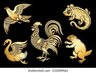 Symbolic heraldic animals and birds. Set off eagle, beaver, rooster, swan and salamander.Traditional character styles for coats of arms and shields. Clip art, elements for design Vector illustration.