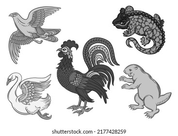 Symbolic heraldic animals and birds. Set off eagle, beaver, rooster, swan and salamander.Traditional character styles for coats of arms and shields. Clip art, elements for design Vector illustration.