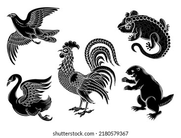 Symbolic heraldic animals and birds. Set off eagle, beaver, rooster, swan and salamander.Traditional character styles for coats of arms and shields. Clip art, elements for design Vector illustration.