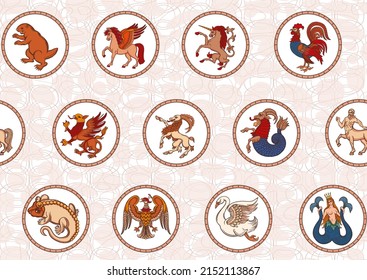 Symbolic, heraldic animals and creatures. Classic, traditional design. Historical ornament seamless pattern, background. Vector illustration.