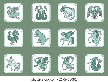 Symbolic, heraldic animals and creatures. Classic, traditional design. Historical ornament seamless pattern, background. Vector illustration.