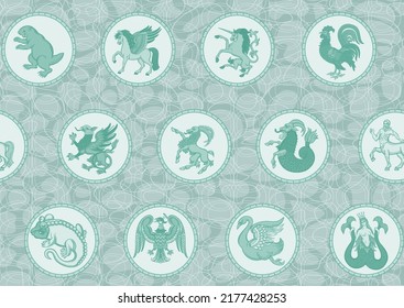 Symbolic, heraldic animals and creatures. Classic, traditional design. Historical ornament seamless pattern, background. Vector illustration.