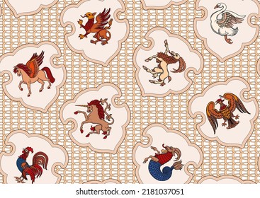 Symbolic, Heraldic Animals And Creatures. Classic, Traditional Design. Historical Ornament Seamless Pattern, Background. Vector Illustration.