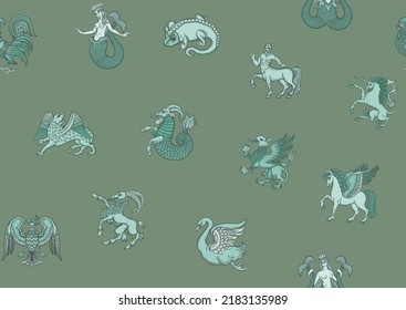 Symbolic, heraldic animals and creatures. Classic, traditional design. Historical ornament seamless pattern, background. Vector illustration.