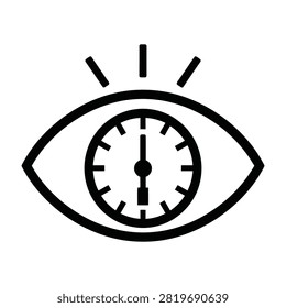 A symbolic icon featuring a stylized eye with a clock face inside, representing concepts of time, vision, monitoring, and perception. Ideal for design projects.