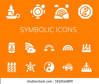 symbolic icon set. 14 filled symbolic icons. Included Candle, Turtle, Rainbow, Yin yang, Candles icons