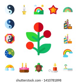 symbolic icon set. 17 flat symbolic icons.  Collection Of - yin yang, holly, christmas island, candles, rainbow, candle, turtle, walk of fame
