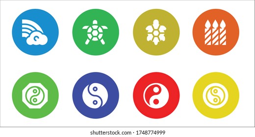 symbolic icon set. 8 filled symbolic icons. Included Rainbow, Yin yang, Turtle, Candles icons
