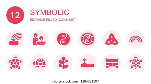 symbolic icon set. Collection of 12 filled symbolic icons included Rainbow, Candles, Yin yang, Triquetra, Turtle, Holly, Miscellaneous