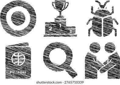 Symbolic icons representing achievement, knowledge, and human interaction