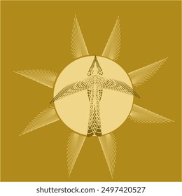 Symbolic illustration of a bird flying in front of the sun in a golden sky 