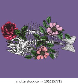 Symbolic illustration with blooming fish skeleton. Hand drawn vector element for your poetic design.