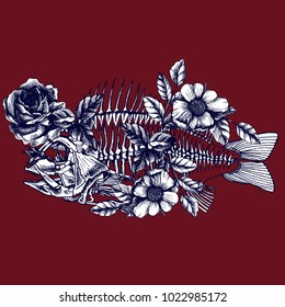 Symbolic illustration with blooming fish skeleton. Hand drawn vector element for your poetic design.