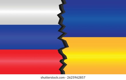 A symbolic illustration of a cracked border between the Russian and Ukrainian flags, representing conflict and division. Ideal for geopolitical and political concepts. Editable Vector EPS Available