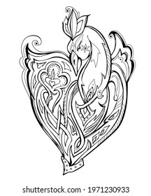 Symbolic illustration of magic fairyland bird from ancient legend. Black and white page for kids coloring book. Print for logo or tattoo. Sheet for drawing and meditation for children and adults.