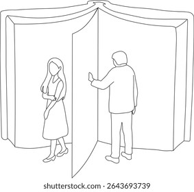 A symbolic illustration of a man and woman parting ways, separated by an open book page. Represents breakup, emotional distance,life chapters, or moving on. Ideal for storytelling or relationship them