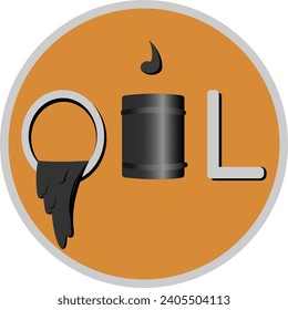 symbolic illustration of an oil barrel on an orange background and the inscription oil in the form of a round icon for the design of stickers, emblems, banners on an energy theme
