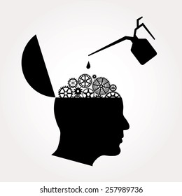 symbolic illustration with open gears brain and oil can