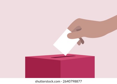 A symbolic illustration of a person participating in a democratic process. A hand is seen dropping a blank ballot paper into a voting urn, representing the act of casting a vote. 